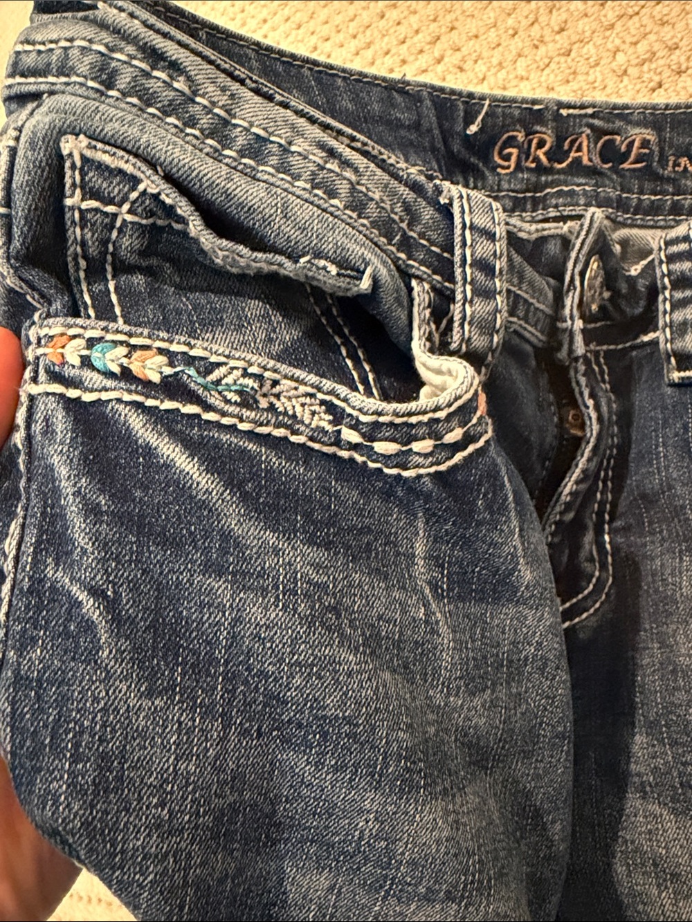 Grace in LA feather embroidery jeans embellished rhinestone size 25 western - Picture 5 of 8